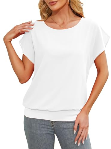 Anelune Womens Tops Summer Chiffon Blouse Short Sleeve Tops Loose Casual T-Shirts White Large