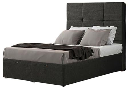 BEDS PLANET Ottoman-Style Bed | Linen Fabric Divan Set with Floor Standing Cube 54 Headboard | Divan Bed Set with 10″ Spring Foam Mattress | Lift-up Storage Divan Bed | (Black, Single_3FT)