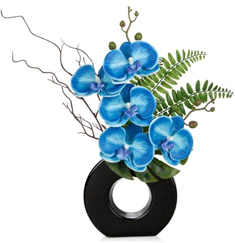 Briful Blue Orchid Fake Flowers with Black Vase, 16.1'' Artificial Orchid Silk Flowers Faux Orchid Arrangement for Home Office Room Table Centerpiece Modern Decoration