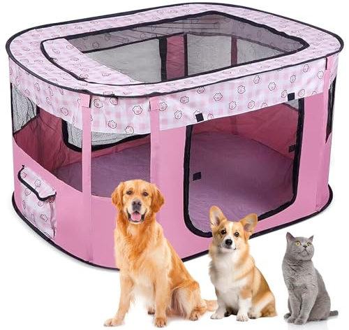 Recinto per Cani da Interno Pieghevole, Recinto per Cuccioli Rosa 80 x 60 x 55 cm, Recinto per Gatti Traspirante, Portatile Box per Cani da Interno, Recinto per Animali pour Gatti, Cani, Conigli