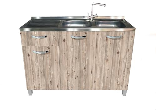 MABEL Mueble bajo fregadero de cocina con cajón con nudo organizador de madera ennoblecida con fregadero de apoyo de acero con cubetas a la derecha con escurridor – L 120 cm x P 50 cm x H 83,5 cm