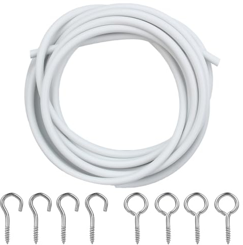 2M Vorhangdraht Vorhang Drahtseil Set mit 4 Stück Schraubenösen und 4 Stück Haken für Vorhänge Duschvorhänge Gardinenstangen Vorhangseile Gardinendraht Curtain Wire Gardinenschnur- Weiß