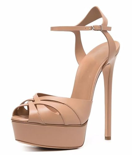 GBBRZKTB Talons Hauts Sandales Talons Aiguilles Brides Croisées Femmes Chaussures Plateforme Bout Ouvert Chaussures Soirée Mariage 15cm,Nude-37