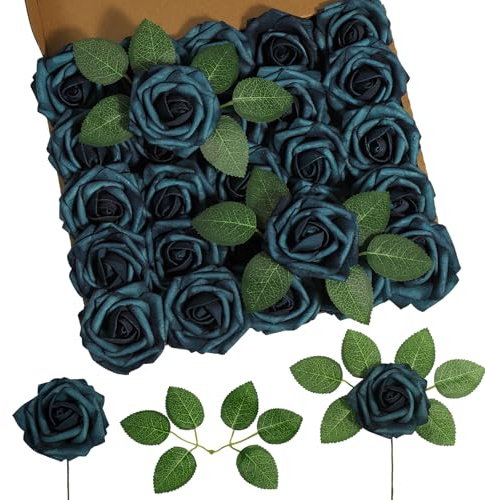 DuHouse 25 st konstgjorda rosor blommor falsk ros med stjälkar äkta touch skum blomhuvud för gör-det-själv bröllop brudbukett babyshower bordsuppsats blomsterarrangemang fest heminredning (påfågelblå)