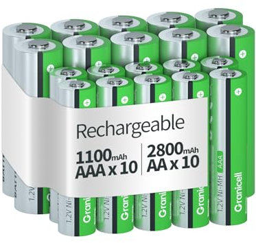 Granicell 20 Stück AA AAA Wiederaufladbare Batterien,Hohe Kapazität 10-Pack AA 2800mAh & 10-Pack AAA 1100mAh,1.2V NiMH Niedrige Selbstentladung