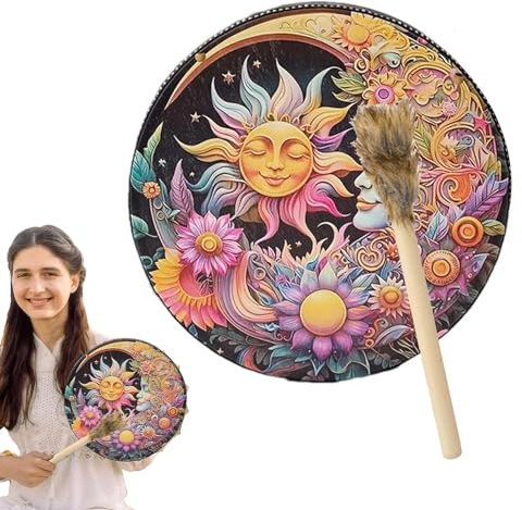 Shamanisk handtrumma, handgjord PU-läder rituell trumma, djup ton rund slagverksinstrument, vintage trägavel ingår, andligt meditationsverktyg (flera storlekar) för helande, ceremoni