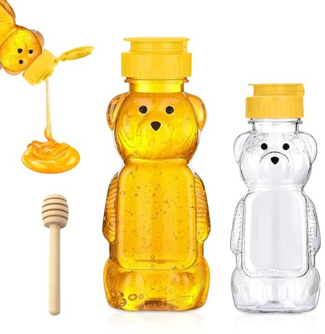 ChAusa Bear Honey Dispenser with Honey Sticks Transparent Squeeze Bottle Honey Jars with Hinged Lid Honey Bear Containers for Storing and Dispensing (250ml&350ml)