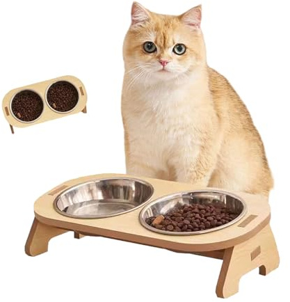 Druuzyl Comedero Elevado para Gatos con Soporte de Bambú - 2 Cuencos de Acero Inoxidable Antideslizante, Plato para Comida y Agua, Diseño Ergonómico para Evitar Fatiga de Bigotes