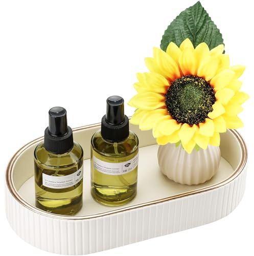 GORESE Vassoio da Bagno, Ovale Vassoio Decorativo in Pelle Vassoio Portaoggetti Vassoio per Profumi Svuotatasche Vassoio da Portata per Bagno,Cucina,Tavolo,Soggiorno,Camera da Letto(Bianco Avorio)
