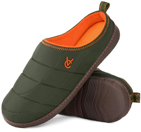 VeraCosy Men's Quilted Two Tone Slippers with Anti Skid Outsole for Indoor Outdoor Olive Drab,8-9 UK