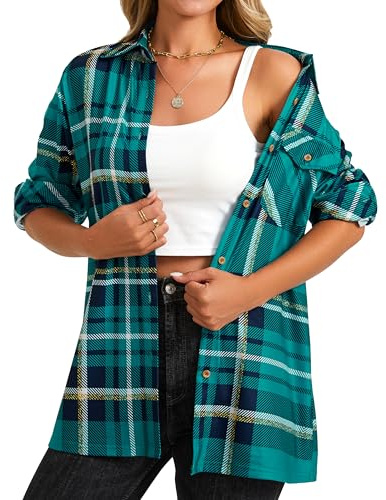 Enmain Camicetta Donna Camicia Elegante Camicia Maniche Lunghe Casual Boyfriend Camicie Scozzese Casual Button Down Bluse Acquamarina 2XL
