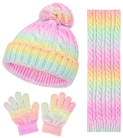 3 in 1 Cappello Bambino lavorato a maglia, Set Berretto Sciarpa Guanti a maglia, Cappello Caldo Inverno con Pompon, Inverno Accessori Set per Ragazza Ragazzo Bambini 3-8 anni, rosa giallo, Taglia