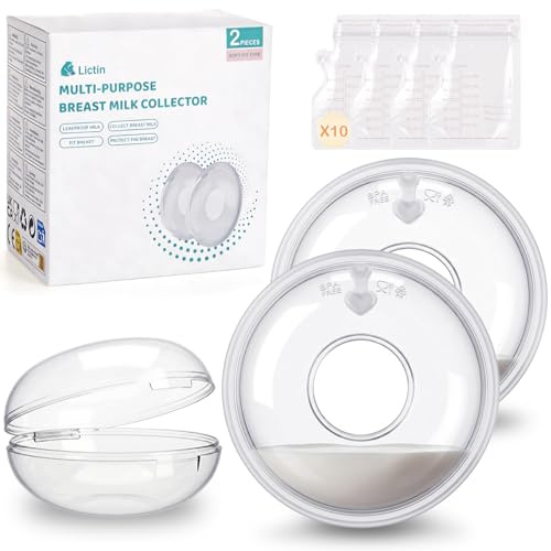 Lictin 2 Conchas Protectoras Pezones-Colector de leche para lactancia materna (60ML),10Pcs Bolsas Leche Materna,Sin BPA,Con orificios de ventilación,conchas de lactancia reutilizable