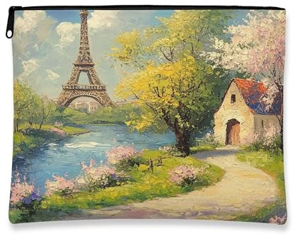 Vintage Impressionist Makeup Bag, Colorful Paris Tower Cosmetic Travel Pouch for Women, Portable Canvas Zipper Organizer, Spring Travel Toiletry Bag 7x9 Inch