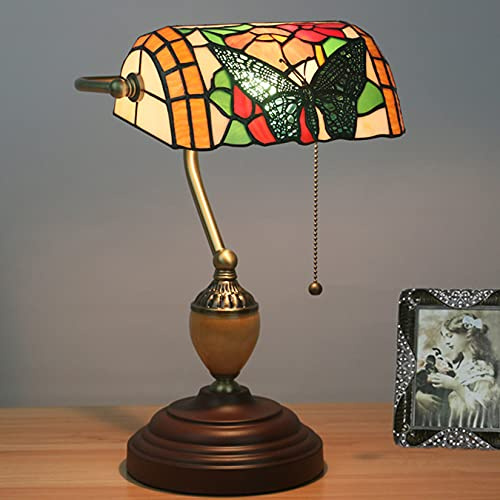 Vintage bankirlampa, bord, pianolampa, skrivbord, antik legeringsbas, nattlampa för sovrum, vardagsrum, målat glas (färg: grön) (påsklilja A)
