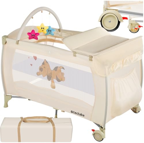 tectake® Folding Travel Cot with Changing Mat & Side Pocket, Baby Cot with Two Wheels, Bed Insert, Breathable Mesh Sides & Play Arch, Portable Baby Bed, Incl. Carry Bag, From 0-36 Months - Beige