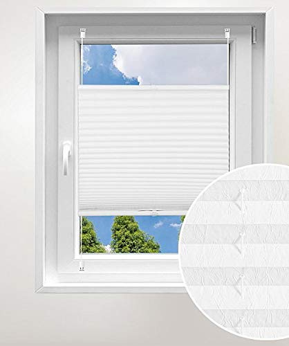 Laneetal Plissee ohne Bohren Klemmfix, Jalousie Faltrollo Crushed Optik, Weiß 95 x 100 cm, mit Spannschue für Fenster und Tür, Easyfix klemmträger und verspannt, Sonnen-, Sicht- & Schallschutz
