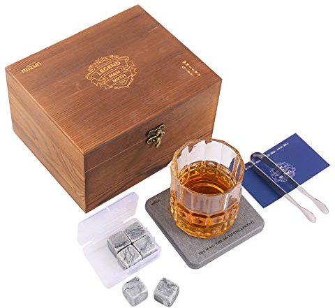 Whisky Stones and Whisky Glass Gift Set, Pack of 6 Whisky Stones with Old Fashion Whisky Glass, Absorbent Drink Coaster and Stainless Steel Tong, Man/Myth/Legend, Gift for Father/Husband/Man - Aiizun