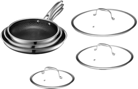 HexClad Hybrid Nonstick 6-Piece Fry Pan Set, 20 cm, 25 cm, and 30 cm Frying Pans with Tempered Glass Lids, Stay-Cool Handles, Dishwasher-Friendly, Induction Ready, Compatible with All Cooktops