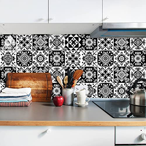 24pcs Moroccan Tile Stickers 15x15cm Bathroom Black and white Tile Stickers For Kitchen Bathroom Living Room Fireplace Stairs Home Waterproof Stickers For Tile Peel And Stick Tile Decals 6x6