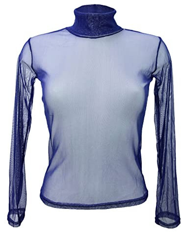Miss Rouge T-Shirt,Top en Voile,Resille Transparente,col Roule (Marine)