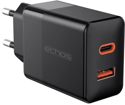 Echos 25W Ladegerät Dual Port USB C USB A Schnellladegerät Power Netzteil PD QC 3.0 Ladegerät für iPhone Samsung Galaxy Ipad Xiaomi HTC Sony LG und viele mehr Schnelllader für Handys