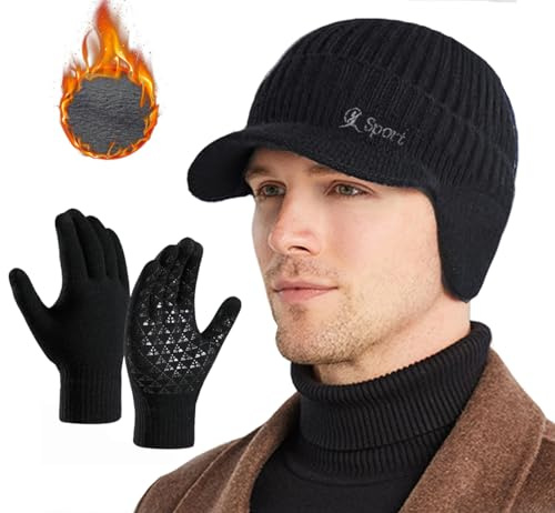 Rayson Cappello Uomo Invernale con Guanti Fodera Interna Pile | 2 Pezzi,Lavorato a Maglia,con Paraorecchie,Soffice,Cappello per Sci e Outdoor