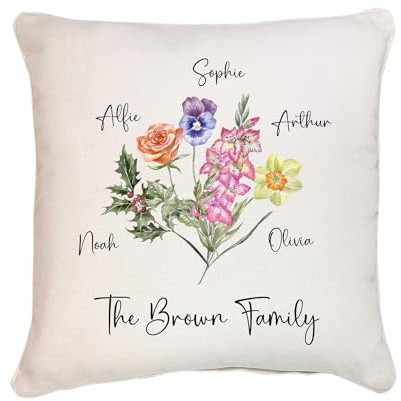 Pomchick - Personalised Birth Flowers Cushion with Names, Family for Mum, Dad, Friend, Best Friends, Auntie, Xmas Birthday Pillow Present