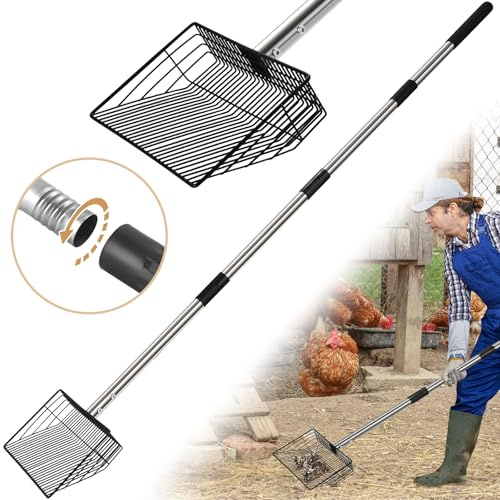 10inch Large Metal Chicken Poop Scooper, 24 to 68 Long Chicken Coop Litter Scoop with Stainless Steel Handle, 4 in 1 Multifunctional Heavy Duty Litter Sifting Shovel Chicken Coop Accessories