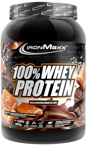 IronMaxx 100% Whey Protein 900 g - Proteína de Suero en Polvo Sabor Galleta Negra con Caramelo Salado | Con BCAA | Fácil Disolución | Batido de Proteínas para Fitness y Gimnasio