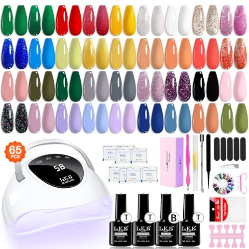LKEE Gel Nail Polish Set with 108W U V Lamp - 65Pcs Nail Kits for Starter,36 Vibrant, Shimmering, and Matte Colors Gel Nail Polish with Base Coat and Top Coat (Shiny Colors)