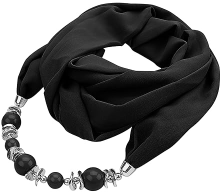 FakeFace Women Beads Pendant Chiffon Scarf Vintage Ethnic Neckerchief Shawl Wrap Infinity Scarves Necklace (Black)