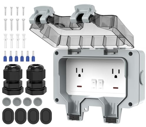 Outdoor Outlet Box, IP66 Waterproof Outdoor Outlet Box with Lockable Cover & LED Indicator (Double Plug Socket)