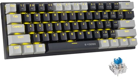 E-Yooso Blå brytare, mekaniskt speltangentbord, amerikansk layout, 60 % mekaniskt tangentbord, kabelansluten med LED-belysning, ultrakompakt 60 procent datortangentbord för Windows (svartgrå)