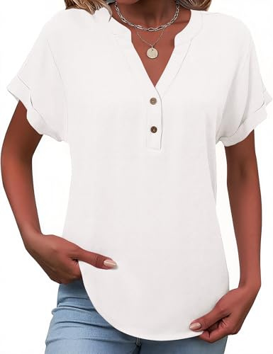 Tisfeer Linen Tops for Women Summer Short Sleeve T-Shirt Button Down V Neck Dressy Casual Loose Tunic Blouses Solid 2026 Trendy Clothes(White,XL)