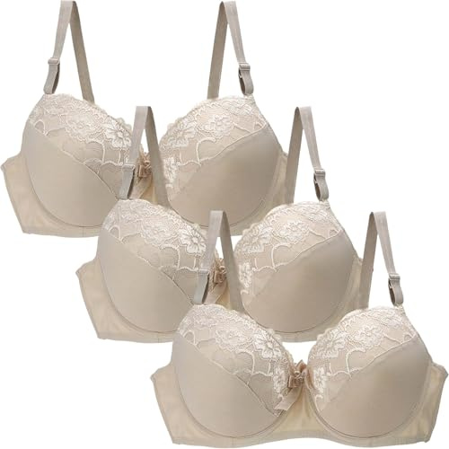 3Pcs Women's Lace Push Up Bras, Floral Lace Non Padded Full Coverage Minimizer Bra Everyday Bras Push Up Underwear Support Comfortable Bralette Lounge Lingerie Breathable with Adjustable Straps