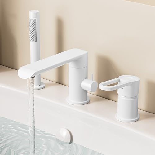 XJTNLB Miscelatore Doccia Bianco Rubinetteria Bordo Vasca 3 Fori Bocca Girevole a 360 ° Miscelatore Monocomando per Vasca da Bagno
