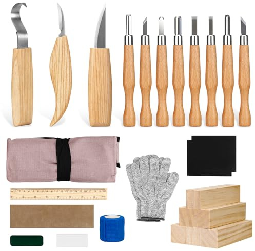 ZUSUZU 25PCS Set d'outils de sculpture sur bois,Ensemble d'outils de sculpture avec Gants Résistants aux Coupures, Manche et Pierre à Aiguiser, Pour les Débutants et les Professionnels
