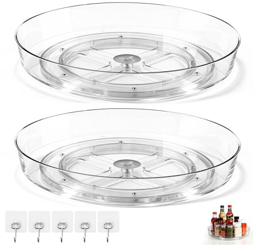 msymsyu Snurrbricka Organizer 25,4 cm 360° Lazy Susan Snurrbricka 2 St | PP, transparent kylskåpsvarvtallrik, med 5 självhäftande krokar, roterande kylskåp för sminkbord krydda badrum