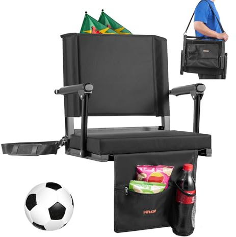 VEVOR Sedia da Stadio Portatile con Schienale e Braccioli Sedile a Pavimento per Eventi Sportivi, Cuscino da Stadio Realizzata in Tessuto Oxford 600D Larghezza Totale 474,98 mm, Nera