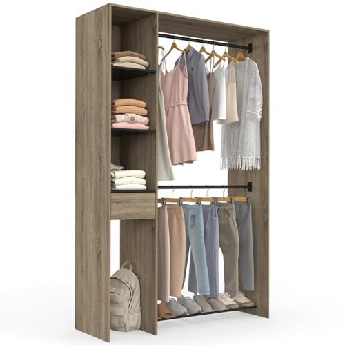 IDMarket - Dressing MIRTY double penderie L. 110 cm effet hêtre et noir | Avec étagères, tiroir et rangements à chaussures