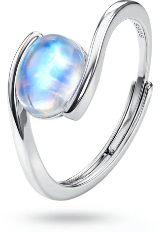 KRFY Bague Argent 925 Femme Pierre de Lune Bague Femme Reglable Plaqué Or Blanche Anneaux d'Humeur Pierre Naturelle Ovale Solitaire Alliance Bijoux Cadeau pour Femmes