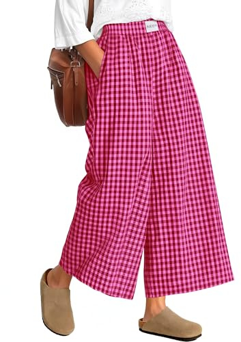 Neer Women's Gingham Wide-Leg Pants,X-Large,Rose Red Plaid