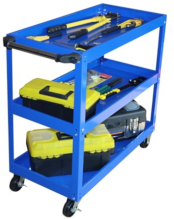 Relaxdays Carrello Officina Mobile da Montaggio 3 Ripiani, portautensili, Supporto Fino a 100 kg, 82,5x84x41 cm, Blu