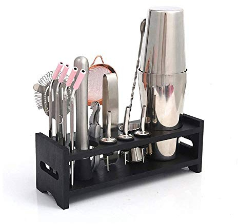 Kit de Barman con Elegante Soporte de bambú, Juego de coctelera de 15 Piezas para Bebidas Mixtas, Juego de Herramientas de Barra de Acero Inoxidable Profesional