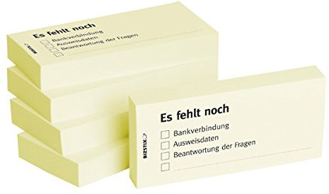 BIZSTIX® Business HaftnotizenEs fehlt noch - 1 Packung mit 5 Haftnotizblöcken zu je 100 Blatt, 75 x 35 mm