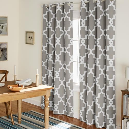TOWN & COUNTRY EVERYDAY Ironwork Geo Trellis Sateen Indoor Curtains, Room Darkening Blackout, Grommet Top, Energy Efficient, 2-Pack Set, 52x96, Silver