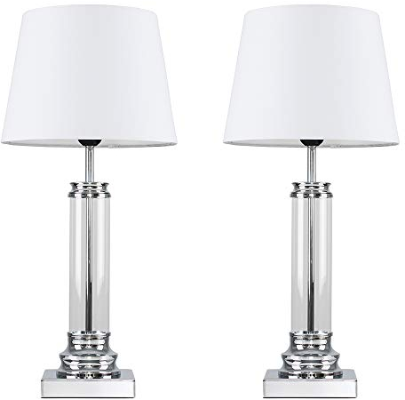 MiniSun | Modern Clear Glass Column Design Touch Table Lamps with White Tapered Shades | Home Décor, Bedside & Desk Lamp | Set of 2