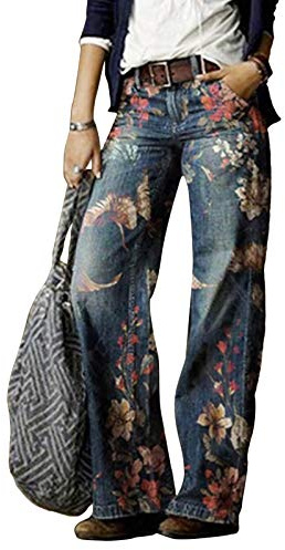 Minetom Jeans Donna Boyfriend Baggy Pantaloni Larghi Pantalone a Gamba Larga Sciolto Straight Stampa Denim Trousers Stile 07 L