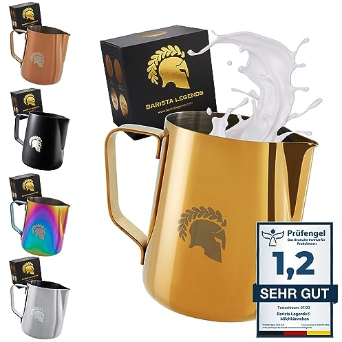 Barista Legends® Bricco latte in acciaio inox oro 350ml con beccuccio speciale Latte Art - Bollitore latte lucida - Bricco latte professionale acciaio inox per baristi - Accessori per baristi